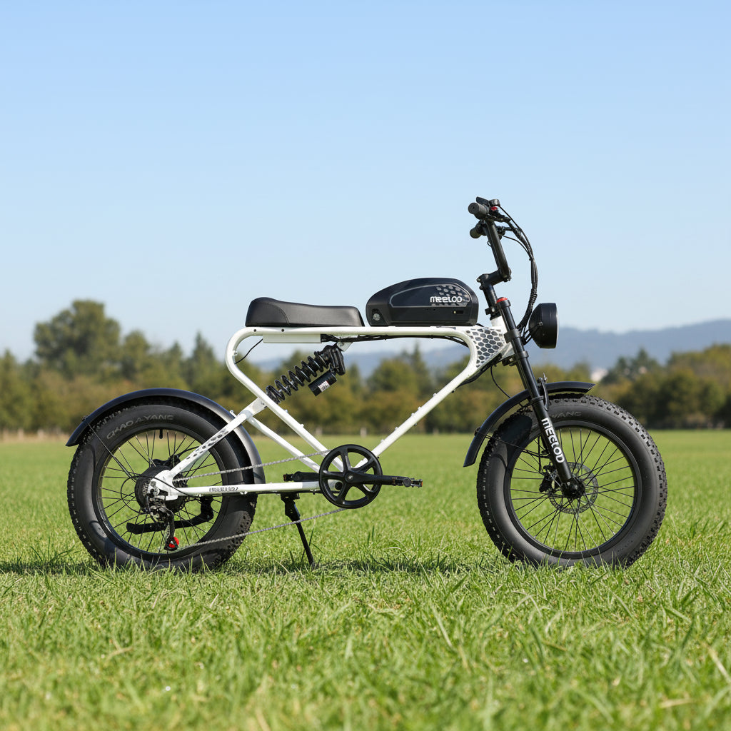 White electric bike with black wheels on a white background